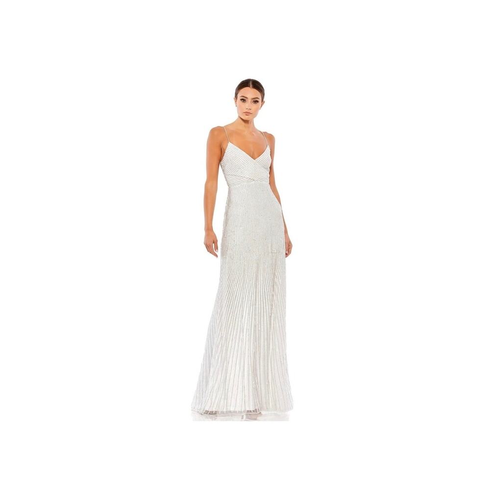 NWT Mac Duggal 10817 White Silver Beaded Spaghetti Strap A-Line Gown Size 12